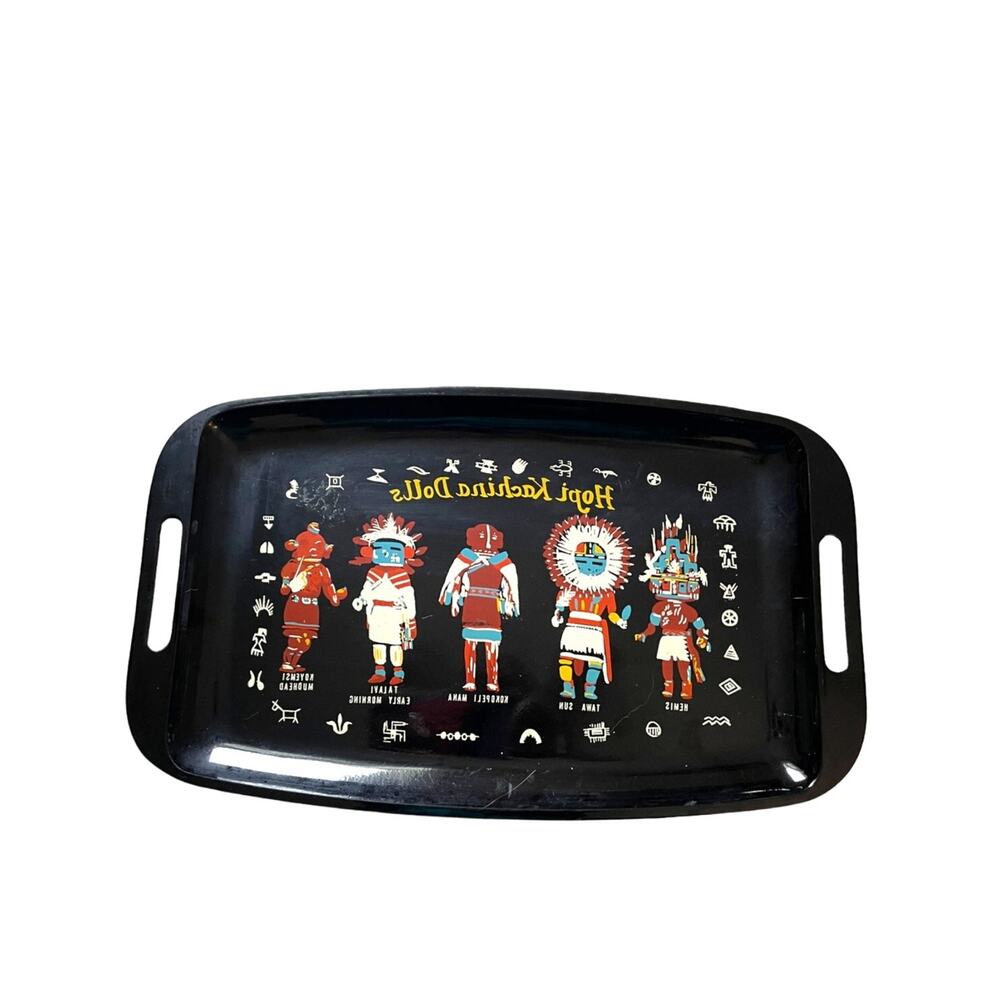 Hopi Kachine Dolls black serving tray vintage